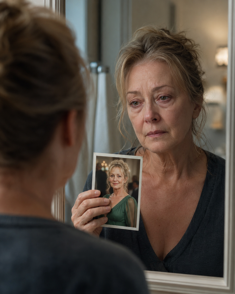 Frau hält ein altes Foto von sich vor den Spiegel