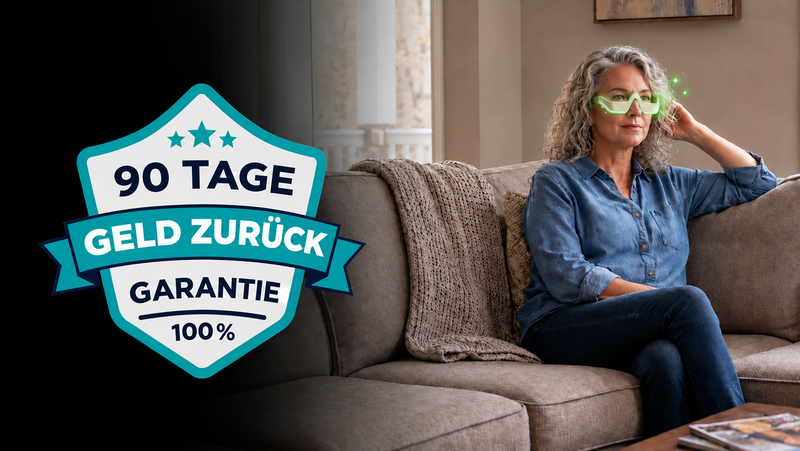 Siegel 90 Tage Geld-zurück-Garantie, Frau mit Lumiva auf dem Sofa